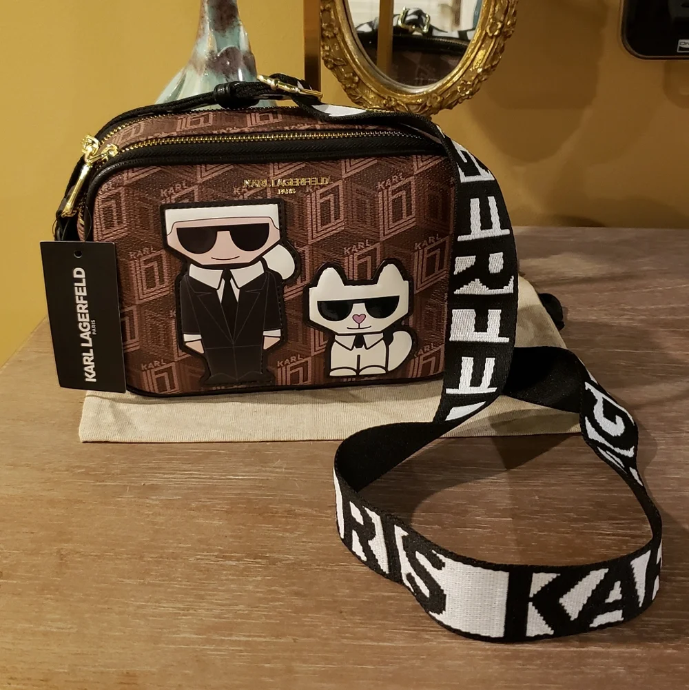 NWT! Karl Lagerfeld Brown Geometric Crossbody Camera Bag Black & White Strap